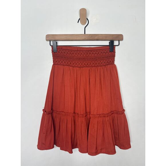 Boden Smocked Tiered Ruffle Mini Skirt Size 2 Burnt Orange Red Fall Boho - Picture 2 of 8